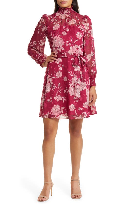 Eliza J Floral Long Sleeve Mock Neck Dress In Berry