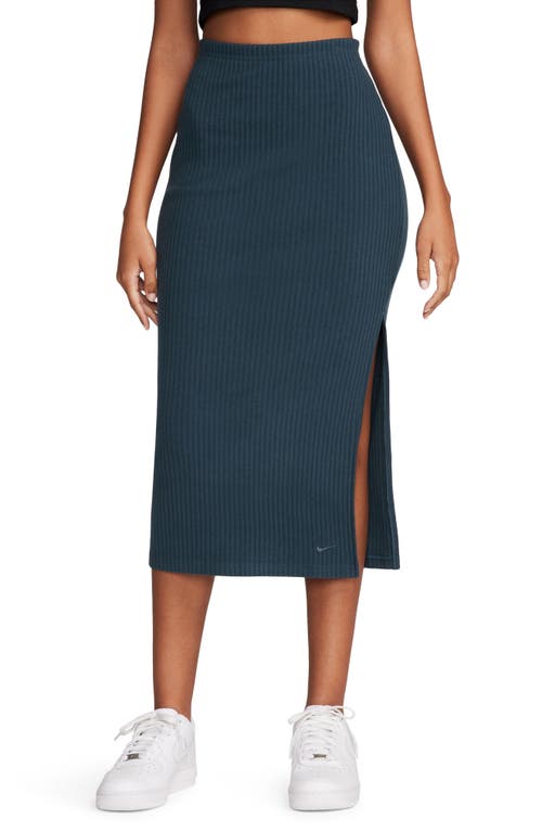 Shop Nike Side Slit Rib Midi Skirt In Armory Navy/armory Navy