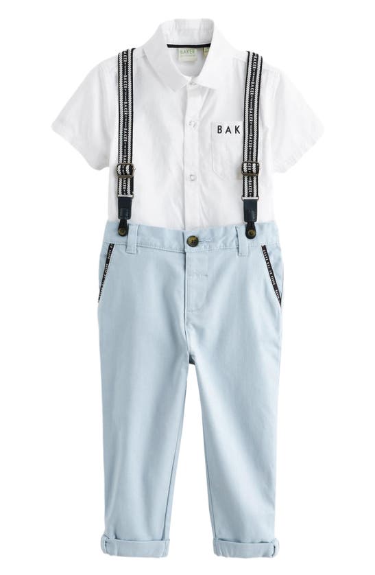 Shop Baker By Ted Baker Kids' Short Sleeve Button-up Shirt, Trousers & Suspenders Set In Blue