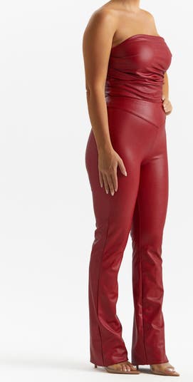 Pleated Strapless Faux Leather Bodysuit
