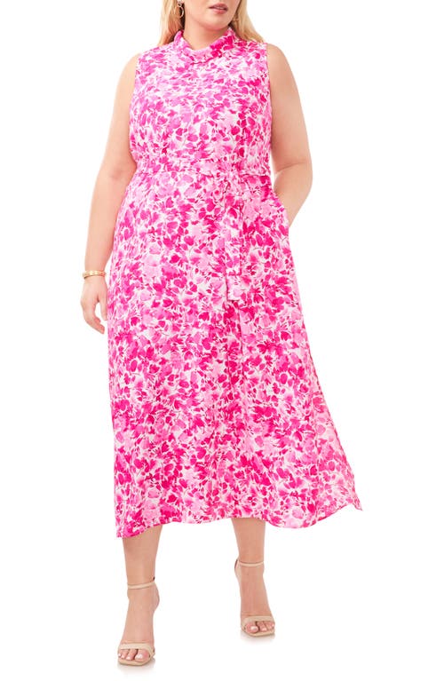 Floral Sleeveless Midi Dress in Hot Pink