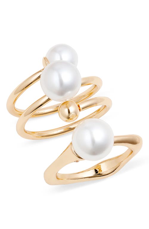 Open Edit Set of 2 Faux Pearl Coil Rings in White- Gold 