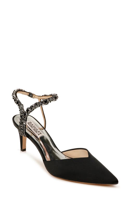 Badgley Mischka Collection Galaxy Embellished Ankle Strap Pointed Toe Pump in Black Satin