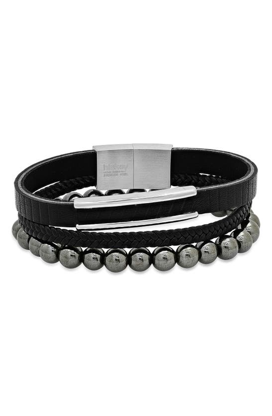 Hmy Jewelry Beaded Stainless Steel & Leather Bracelet Trio In Black
