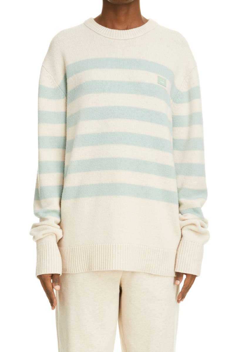ACNE STUDIOS Nimah Stripe Face Patch Wool Sweater, Main, color, BEIGE/ GREEN