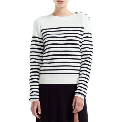 Maje Marin Stripe Button Detail Cotton & Wool Blend Sweater, Ivory