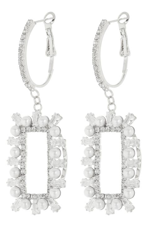 Imitation Pearl & Crystal Frame Drop Earrings
