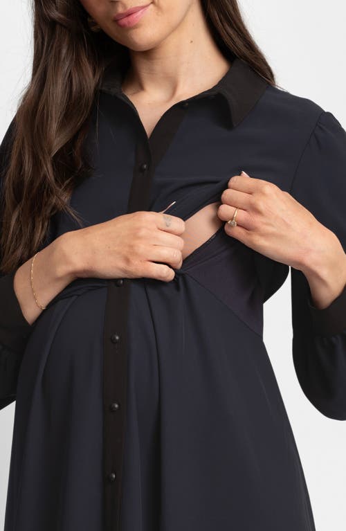 Shop Seraphine Pleated Waist Long Sleeve Maternity/nursing Shirtdress In Navy