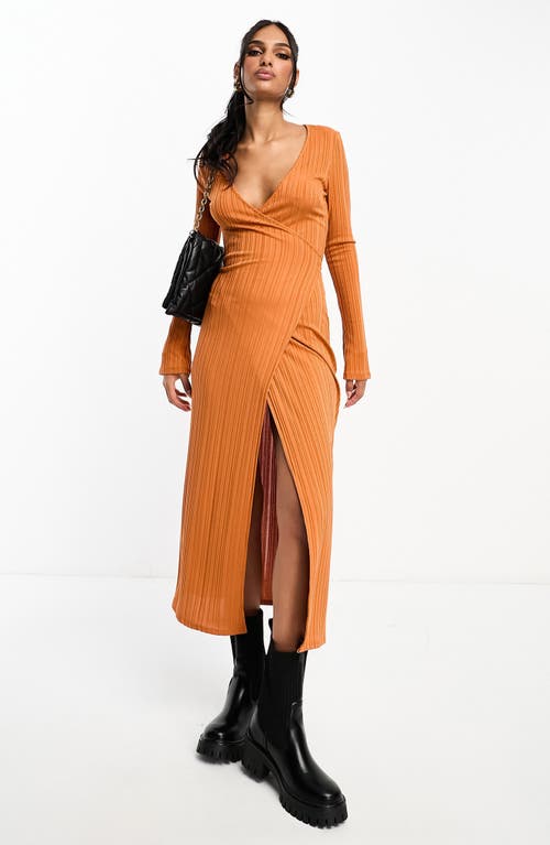 Textured Long Sleeve Wrap Midi Dress in Orange