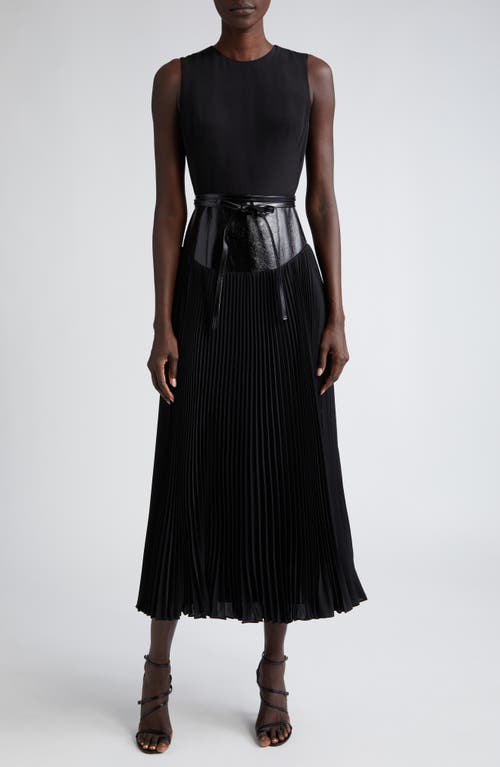 The Claudia Leather Waist Pleated Dress in Black