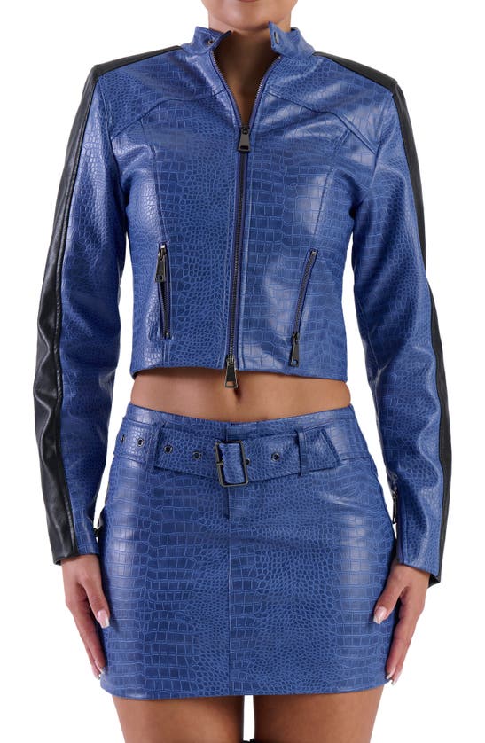 Naked Wardrobe Buckle Up Croc Embossed Miniskirt In Dark Blue