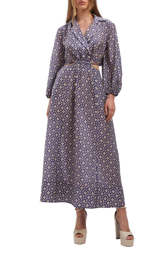 Shop Bardot Arden Floral Tile Cutout Long Sleeve Maxi Dress In Navy Print