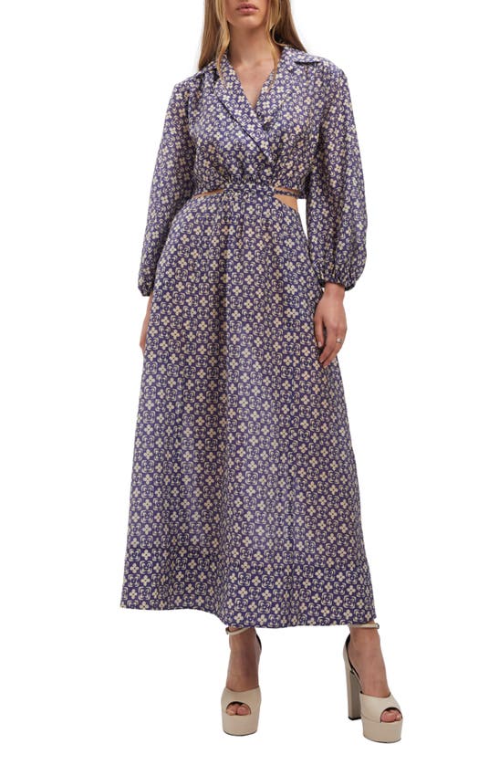 Shop Bardot Arden Floral Tile Cutout Long Sleeve Maxi Dress In Navy Print