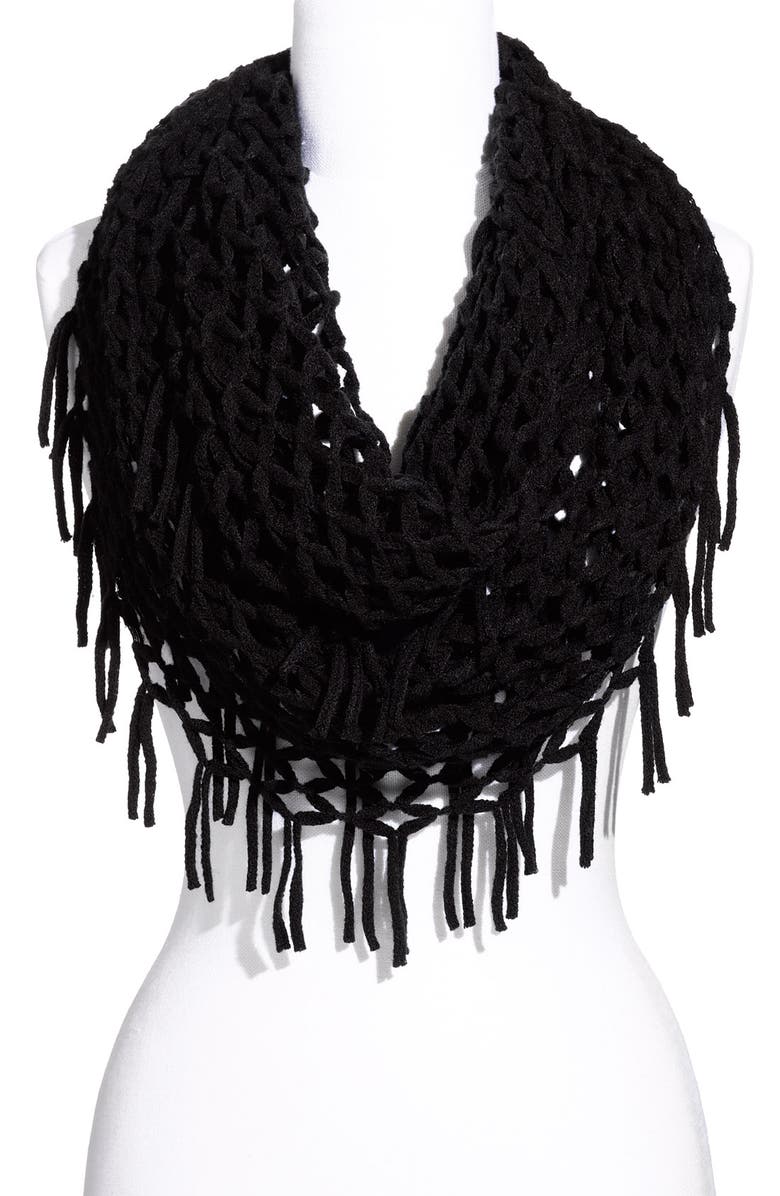 DAVID & YOUNG Airy Woven Fringed Infinity Scarf, Main, color, Black