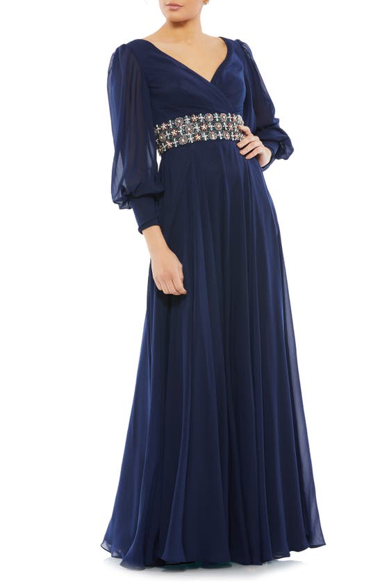 Shop Mac Duggal Belted Long Sleeve A-line Gown In Midnight