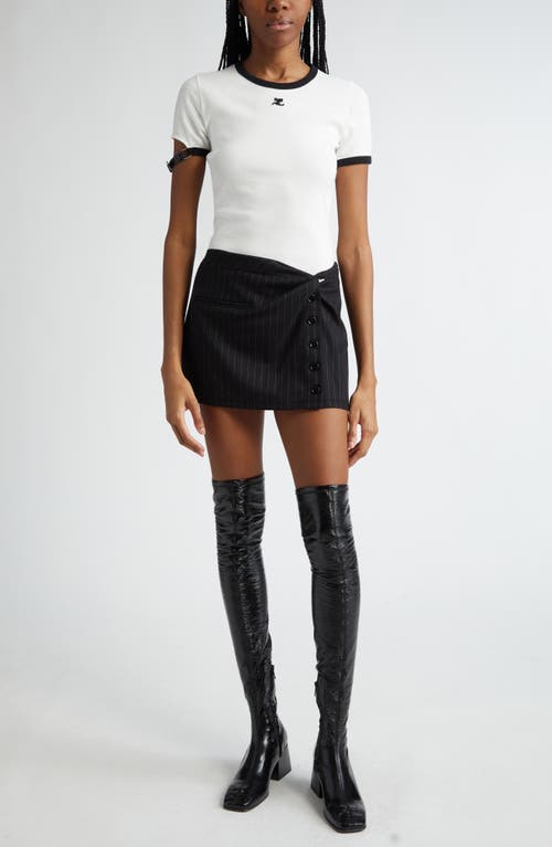 Shop Courrèges Twist Snap Pinstripes Wool Miniskirt In Black/white