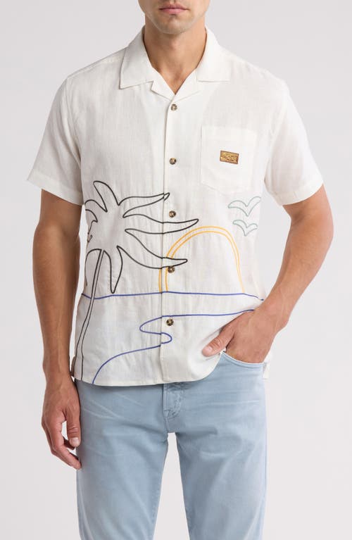 RVCA Crescent Bay Embroidered Linen Blend Camp Shirt Natural at Nordstrom,