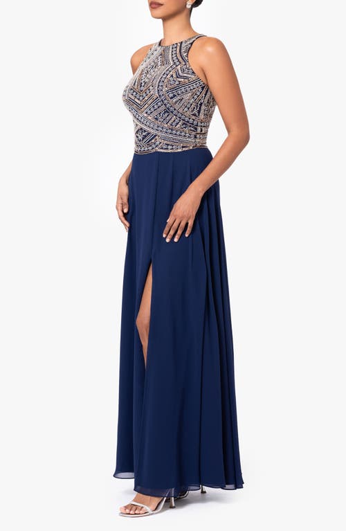 Shop Betsy & Adam Beaded Bodice Sleeveless Gown In Navy/silver/copper