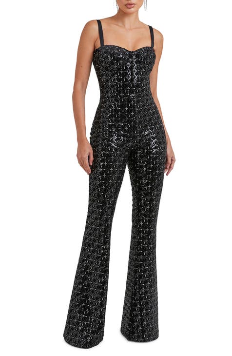 10140 Black Sequined Chiffon Sleeve Jumpsuit