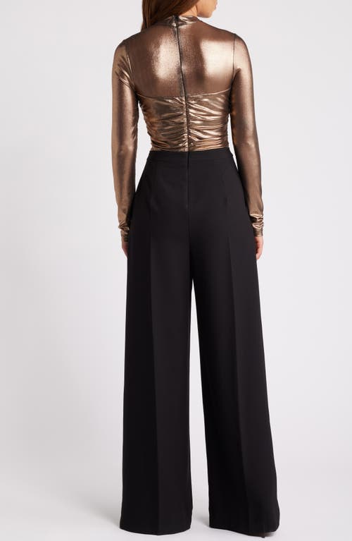 Shop Black Halo Leonarda Bronze Bodice Crepe Back Satin Wide Leg Jumpsuit In Tarnished Bronze