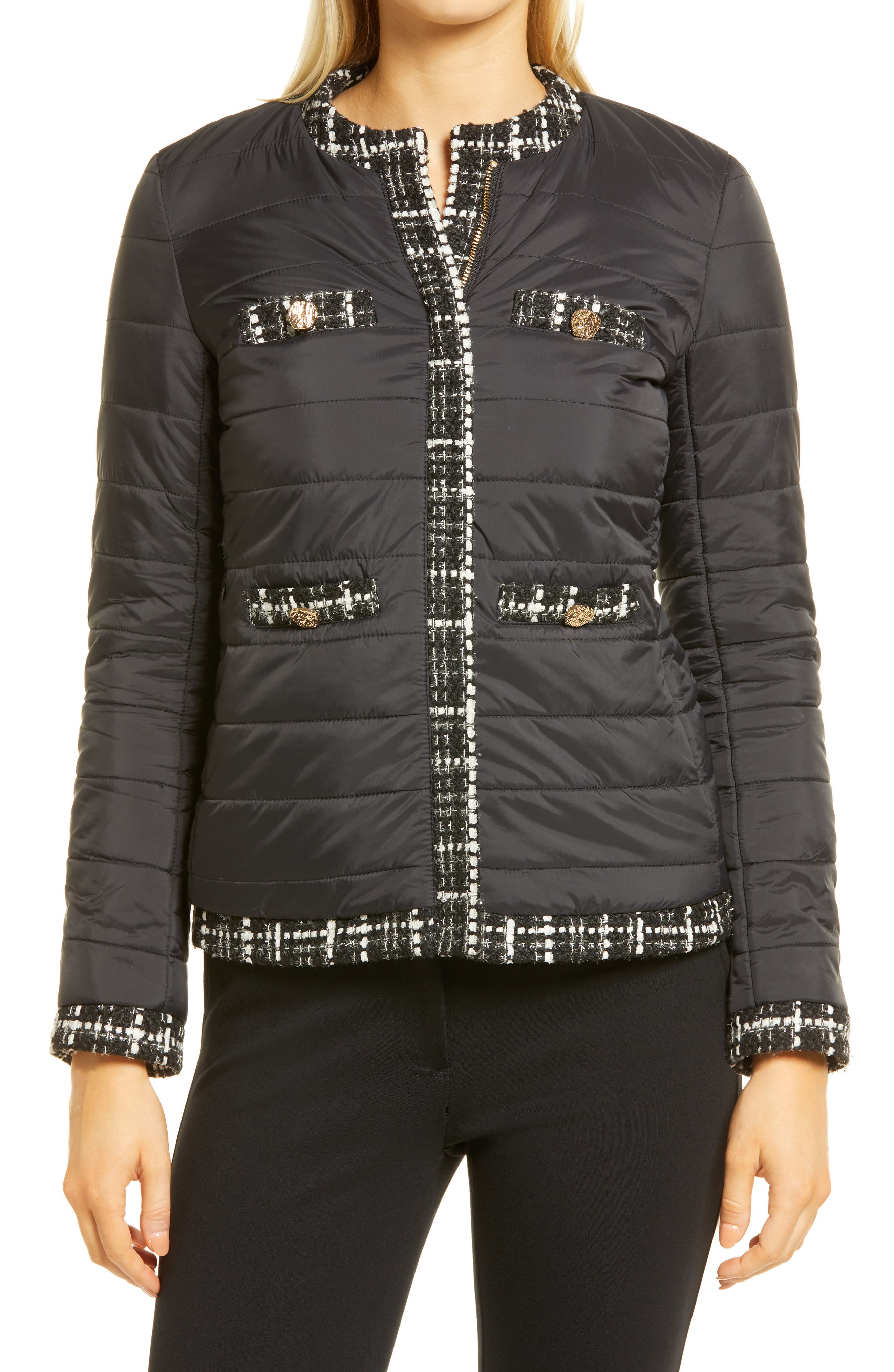 anne klein tweed trim puffer jacket