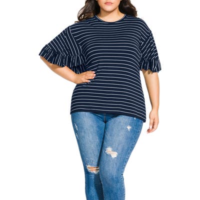 Plus Size City Chic Bliss Stripe Ruffle Sleeve Tee, Blue