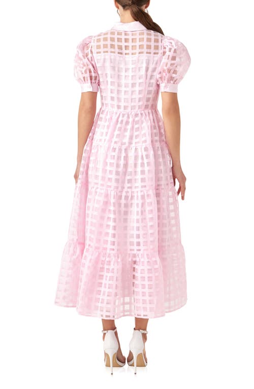 Shop English Factory Grid Pattern Tiered Midi Shirtdress In Baby Pink