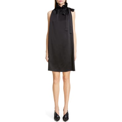 Rosetta Getty Tie Neck Crepe Back Satin Shift Dress, Black