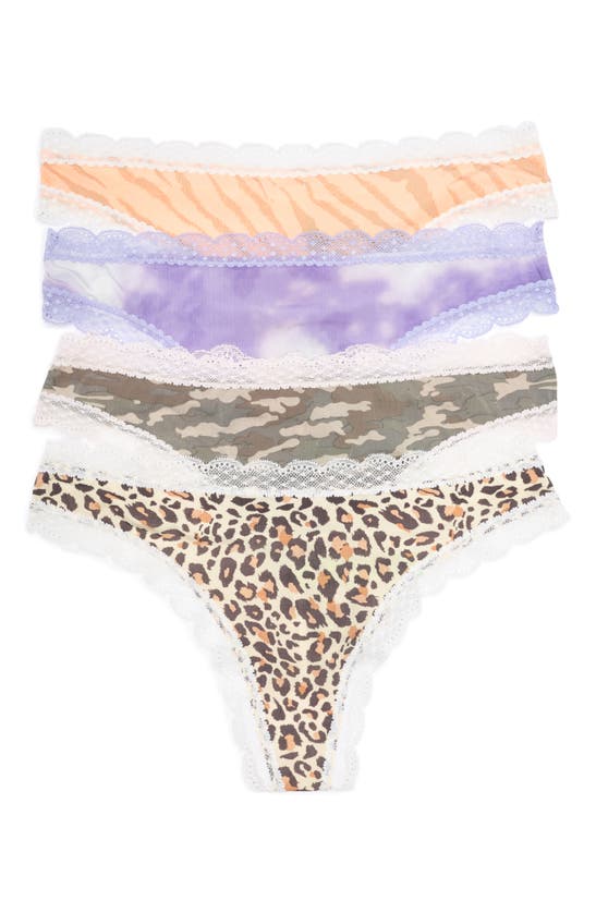 Shop Honeydew Intimates Aiden 4-pack Assorted Lace Micro Thongs In Leopard/camo/tiger/cloud