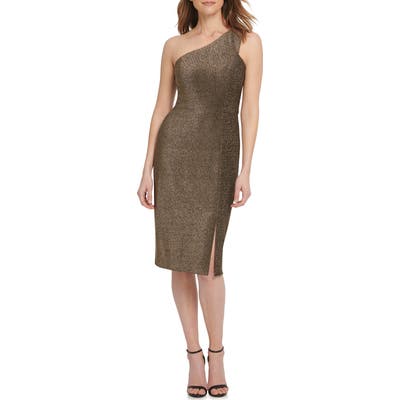 Vince Camuto One-Shoulder Metallic Knit Body-Con Dress, Brown