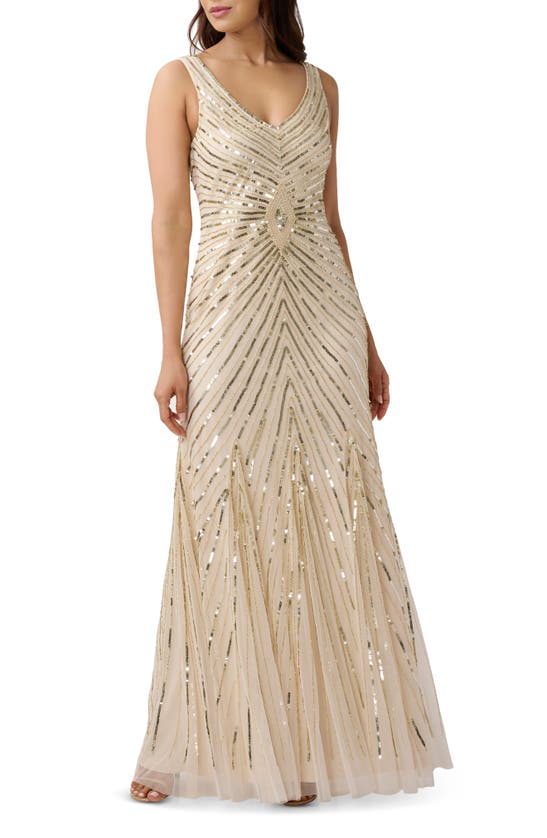 Adrianna Papell Sequin Beaded Sleeveless Gown In Cashmere