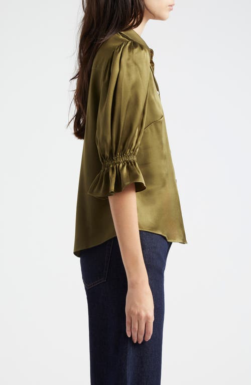 Shop Cinq À Sept Fiona Ruffle Cuff Silk Button-up Shirt In Dark Olive