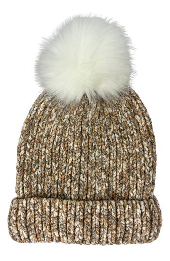 Marcus Adler Chenille Beanie With Faux Fur Pompom In Taupe