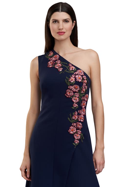 Shop Kay Unger Nadine Floral Embroidered One-shoulder Gown In Midnight