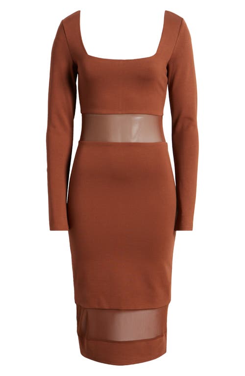 Shop Bebe Sheer Mesh Inset Long Sleeve Body-con Dress In Chocolate