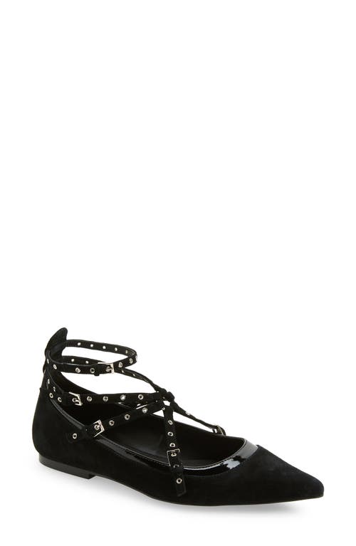 Jeffrey Campbell Strappy Pointed Toe Flat in Black Suede Patent at Nordstrom, Size 5