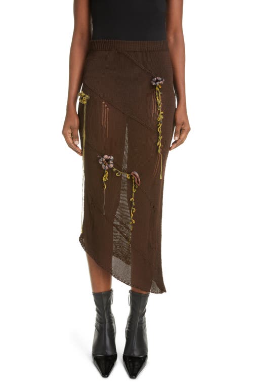Keelah Floral Appliqué Distressed Knit Skirt in Chocolate Brown