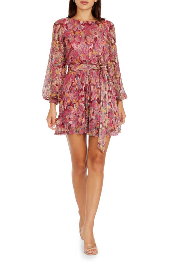 Shop Dress The Population Kirsi Long Sleeve Metallic Floral Minidress In Bright Fuchsia Multi