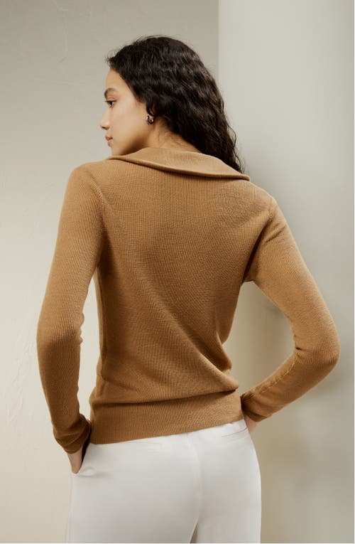 Lilysilk Gaia Ribbed Half Zip Ultra-fine Merino Wool Sweater In Camel