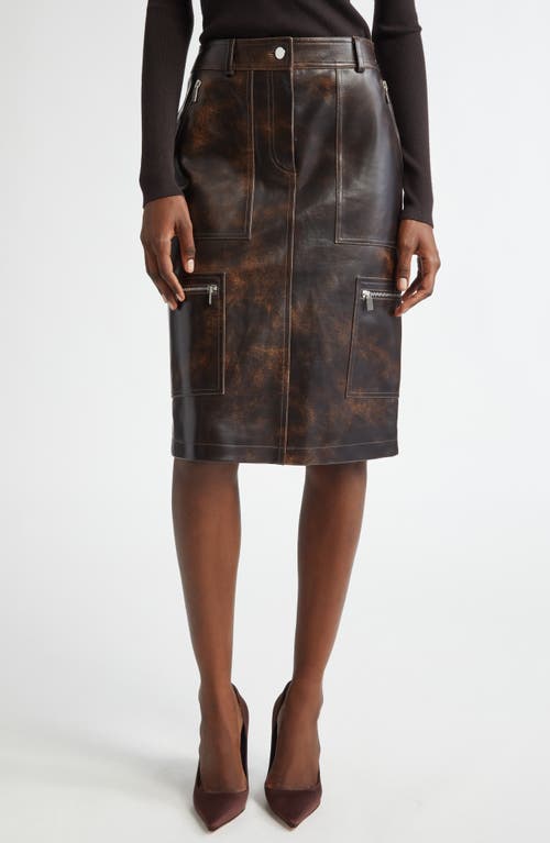 Shop Michael Kors Collection Burnished Leather Cargo Pencil Skirt In Chocolate