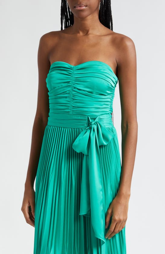 Shop Ramy Brook Fernanda Ruched Pleated Strapless Maxi Dress In Sea Green