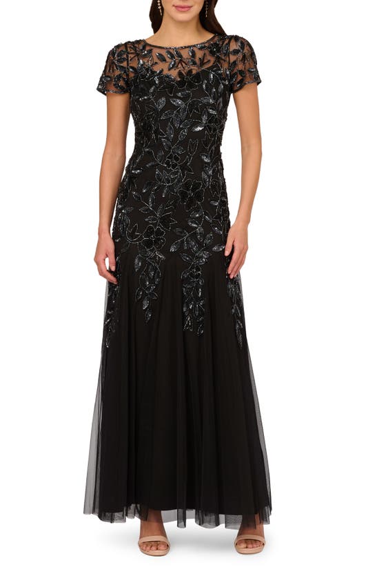 Shop Adrianna Papell Floral Embroidered Beaded Trumpet Gown In Black/ Gunmetal