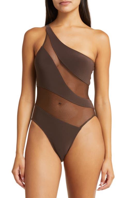 Norma Kamali Snake Mesh One-shoulder Swimsuit In Brown