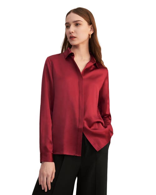Lilysilk Basic Concealed Placket Silk Shirt In Claret