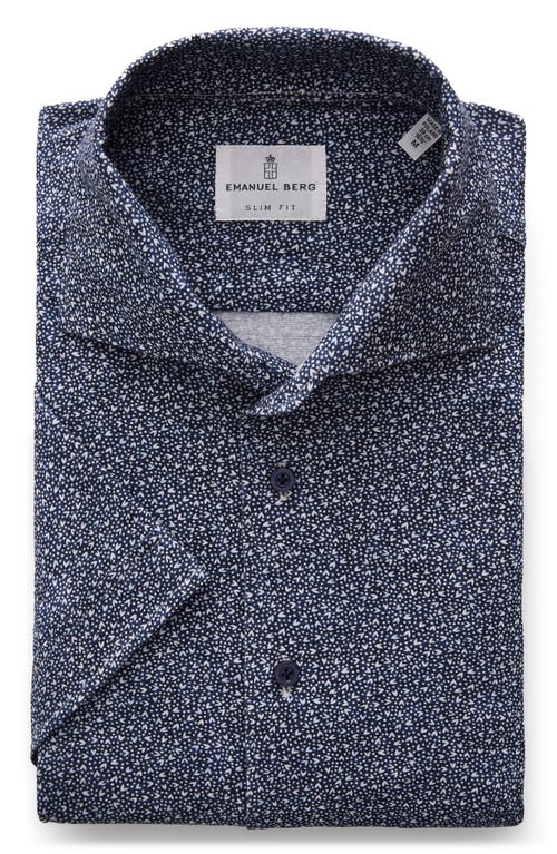 Scatter Print Short Sleeve Knit Button-Up Shirt in Dark Blue