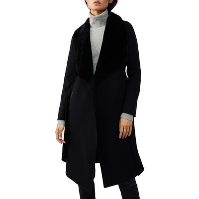 Mackage Genuine Shearling Collar Wool Wrap Coat, Black