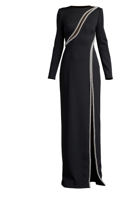 Shop Sho By Tadashi Shoji Imitation Pearl & Crystal Detail Long Sleeve Sheath Gown In Black