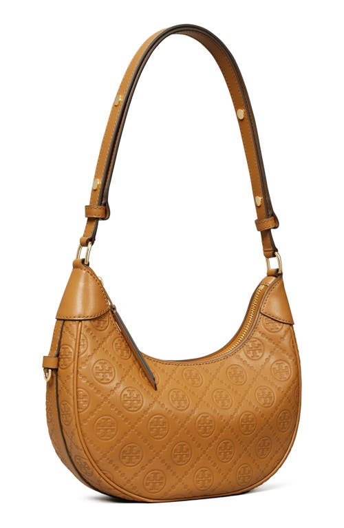 Tory Burch T-monogram Embossed Crescent Shoulder Bag In Tan