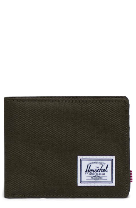 Check and Leather Small Folding Wallet in Olive Green - Women
