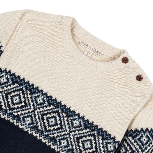 Shop Hope & Henry Boys' Organic Intarsia Crew Neck Button Sweater, Kids In Ski Lodge Intarsia